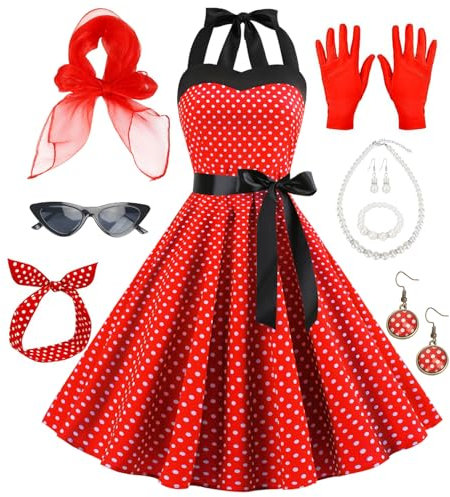 50er-Jahre-Kostüm-Zubehör, 1950er-Jahre-Kostüm-Set für Damen, Retro-Outfit mit gepunktetem Kleid, Katzenaugenbrille, Schal, Stirnband, Halskette und Handschuhen für Damen, Cosplay, Party, Schule