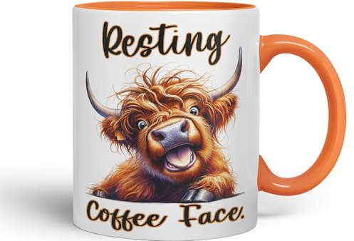 Vixar Resting Coffee Face Cow Highland Joke sarkasm Sarcastic Ceramic Coloured Mug Cup for Tea Coffee Hot Brew 330ml 11Oz Gift (Orange)