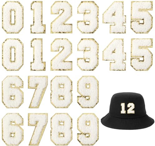20PCS Iron on Number Patches, Chenille Number Patches 0-9 Gilter Decorative Repair Patches Embroidery Self-Adhesive White Applique for Team Uniforms Jerseys Sports Football Jeans Bags Decors