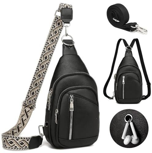 Brusttasche Damen, Sling Bag Damen Herren, PU Leder Crossbag, Anti Diebstahl Tasche, Rucksack Tasche 2 in 1 Damen, Sicherheitstasche Reise, Moderne Taschen mit Breitem Schultergurt(Schwarz)