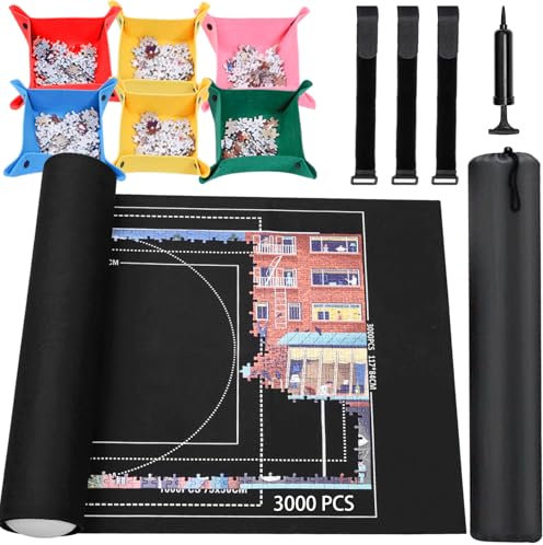 Jigsaw Puzzle Mat Roll Up - 3000 2000 1500 1000 Pieces Puzzel Matte, Black Felt Roll-Up Puzzles Felt Save Mats Trays for Sorting Board Clear Sheets and Frame Keeper for Adults