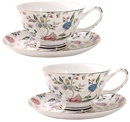 MIATTCLD Porcelain Cappuccino Cup & Saucer Set - 200ml Mug Set of 2 - Bone China Floral Teacup Coffee Cup for Home, Office, and Café - Gift for Mom Friends 