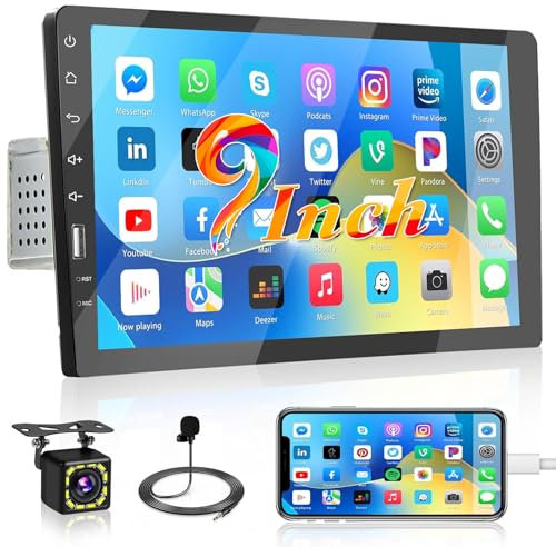 Fuluku Autoradio Bluetooth 1 Din con IOS/Android Mirror Link, 9 Pollici Schermo Tattile Stereo Auto 1 Din Supporto 1080P Video/Hands-free Call/FM Radio/USB In&Out/SWC/EQ/Telecamera Posteriore/Mic