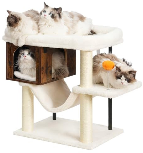 Heybly Arbre À Chat, Grande Plateforme 54 x 40 cm en Peluche, Maison en Bois, Hauteur 57.5 cm, Ses Tubes en Fer Et Base Large Procurent Bonne Stabilité, Parfait pour Chats Gras,Brun Vintage HCT017SR