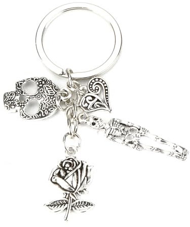 Porte-clés personnalisé en acier inoxydable avec tête de mort et pendentif fleur rose, cadeaux pour femmes, bonne amie, maman et partenaire pour anniversaire, petits cadeaux pour femmes, argenté, S