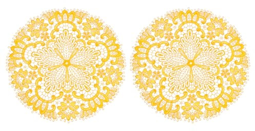 sourcing map 2Pcs Retro Lace Placemats, 10.6x10.6inch Round French Crochet Doilies Central Hollow Flower Vase Mat Coaster for Dining Table Home Decoration, Yellow