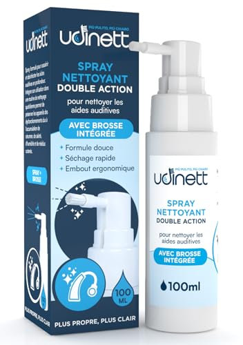 Spray Nettoyant pour Appareil Auditif 100ml avec Brosse Nettoyant pour Écouteurs Bluetooth Udinett Formule Douce Sans Alcool pour Éliminer le Cérumen et la Saleté