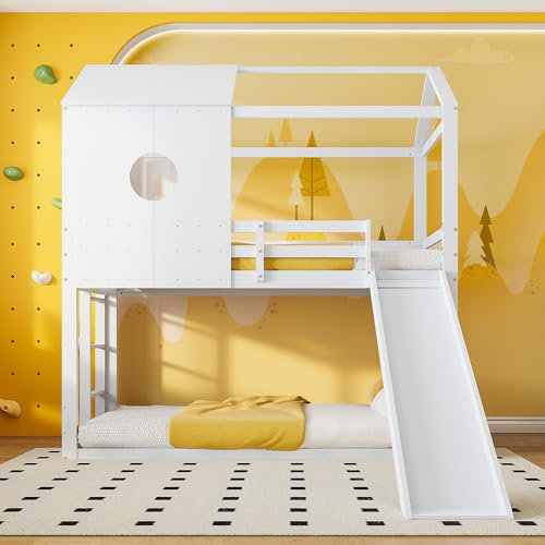 VixorLuilith Letto a castello per bambini 90x200 cm, letto a soppalco in legno con scivolo, rete a doghe e protezione anticaduta, letto a casetta per 2 bambini