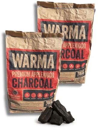 3kg Warma Premium Applewood Lumpwood Charcoal 100% Natural - Long Burning & Low Ash - For BBQ Barbecue Wood fired Pizza Ovens Camping & Outdoor Cooking - 2 x 3kg Bag