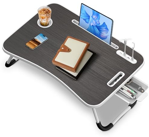 Soontrans Laptoptisch, 60 x 40 x 28 cm, Laptop Tisch mit Schublade, Getränkehalter, Kleiner Ventilator, Tablethalter, Griff, Betttisch Klappbar für Bett und Sofa, Couch, Boden, Betttablett(Schwarze)