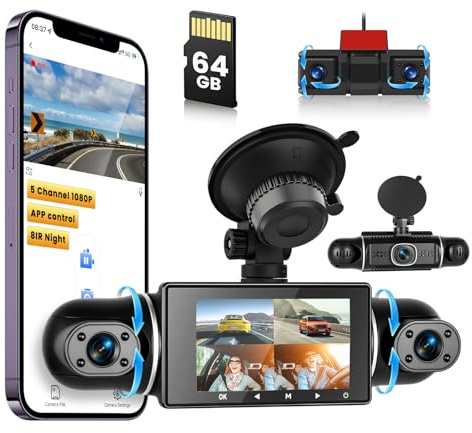 Hikity 5-Kanal Dashcam 360° 1080P mit 64GB-Karte Nachtsicht | Vorne, Hinten, Innen, Links, Rechts. WLAN, Loop-Aufnahme, G-Sensor, Parküberwachung, Rückfahrassistent.