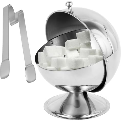 BUTORY Stainless Steel Sugar Bowl with Roll Top Spherical Shape Sugar Container Reusable Sugar Cube Jar Candy Bowl with Sugar Tong for Home Kitchen Coffee Bars