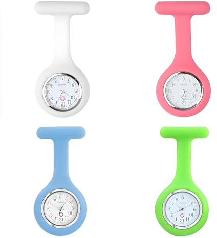 KFSCIP Fob Watch, 4 Pack Nurse Watch Brooch, Silicone Fob Watches for Nurses with Brooch, Pocket Clock with Pin for Health Care Nurses Doctors Paramedic Staff, Green Pink Light Blue White