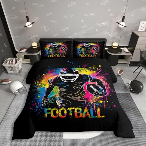 Homewish American Football Bettwäscheset 135x200cm Neon Bunter Graffiti Design Bettbezug für Kinder Spielersilhouette Teenager Bettwäsche Gridiron Enthusiasten Bettset Mikrofaser Weich Raumdekor