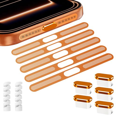 HTBMALL 5PACK Speaker Dust Cover for iPhone 17 Pro Max, USB C Dust Plug Type C Port Cover Charging Port Cover Speaker Mesh Covers for iPhone 17 Pro /17 Pro Max (Orange)