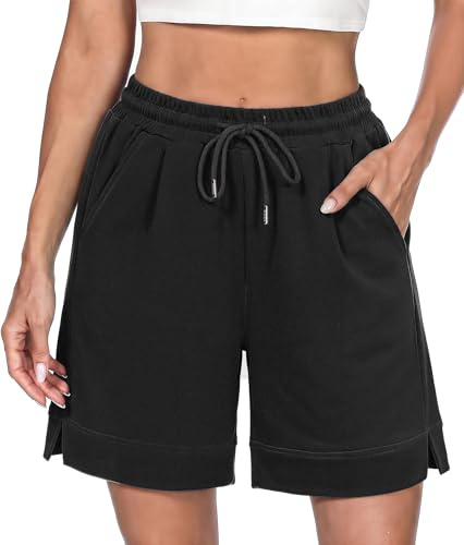 Litherday Short Femme Sport Taille Haute avec Poches Fente Latérale Bermuda Été pour Fitness Jogging Running Noir XXL