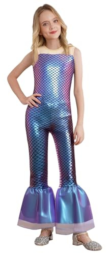 Jugaoge Tuta da sirena da ragazza, lucida, senza maniche, con stampa a squame di pesce, con pantaloni lunghi, slim fit, leggings elasticizzati con shock, cosplay