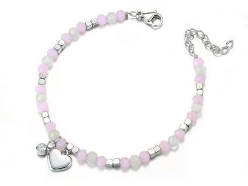 LOLIAS Bracelet Pierre Naturelle Femme Rose/Blanc/Bleu Perlés Bracelets Acier Inoxydable avec Pendentif Coeur CZ Bracelet d'Amitié Réglable Cadeaux d'anniversaire pour Femmes Filles