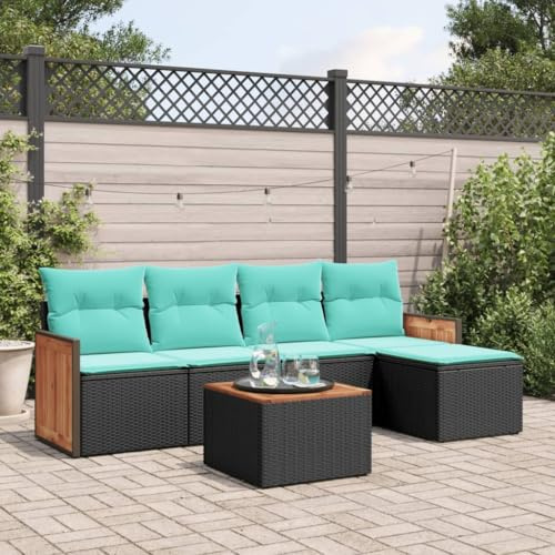 LoogCape 6-teiliges Gartensofa-Set aus schwarzem Polyrattan mit blauen Kissen, modulares Outdoor-Möbelset für Terrasse, Balkon und Garten, UV-beständig
