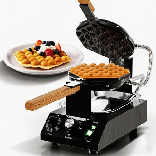1500W Egg Puff Waffle Iron, Bubble Waffle Maker with 180° Rotatable Pan & Non-Stick Coating, Adjustable Temperature 50-250°C Commercial Electric Egg Puff Cone Machine for Coffee Shops Home