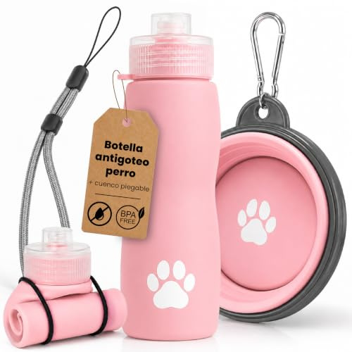 Botella Pipi Perro 450ml con Cuenco Plegable | Bebedero Portátil para Perros de Silicona Premium 350 ml | Botella PIS Perro Antigoteo con Cuerda y Mosquetón | Ideal para Paseos, Viajes y Excursiones