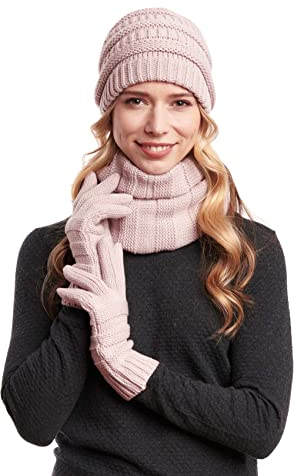 Hilltop Winter Set aus Loop-Schal, Strickmütze und Handschuhen/Beanie mit Öffnung für den Zopf, Winter Set:Altrosa