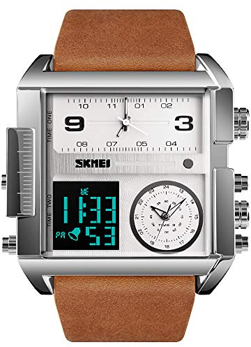 SKMEI Herren Digital Sportuhr LED Quadratisch Großes Zifferblatt Analog Quarz Armbanduhr mit Multi-Time Zone Wasserdicht Stoppuhr Silberbraun