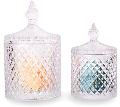 R FLORY Juego de 2 tarros de cristal organizador de almacenamiento de baño bonito dispensador de Qtip recipiente de tocador tarro de vidrio con tapa recipiente de hisopos de algodón (transparente)