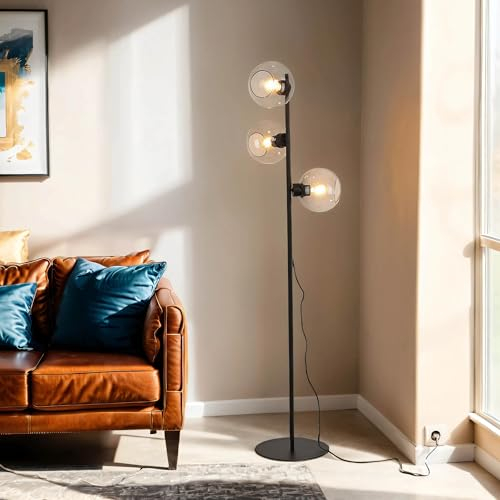 Licht-Erlebnisse Stehleuchte CUBUS aus Rauchglas & Metall in schwarz 3xE27 Kabelschalter H:160cm Schlafzimmer Wohnzimmer Bodenleuchte Bodenlampe Stehlampe