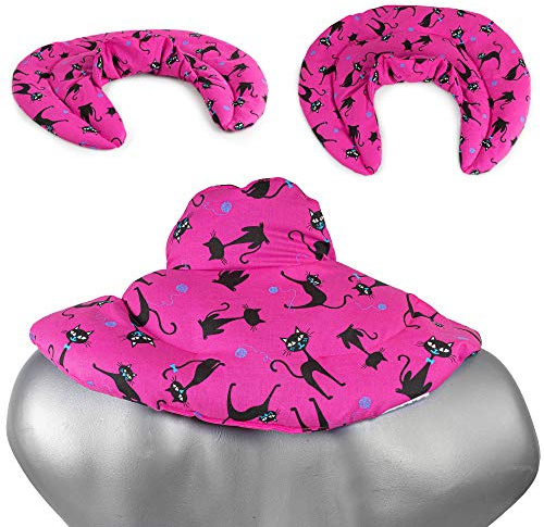 Cojín cervical de calor con cuello. Gato negro fondo fucsia. Almohada térmica con pepitas de uva. Confortable saco térmico de semillas para la nuca