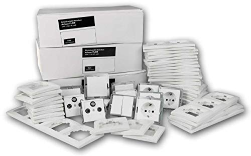 FLAIR Set Einfamilienhaus, Klem 95-teilig weiß Klemmanschluss, Steckdose + Lichtschalter, Doppelrahmen, Steckdose mit Kindersicherung, Unterputz, Antennedose, Vierfachrahmen weiß, Serienschalter