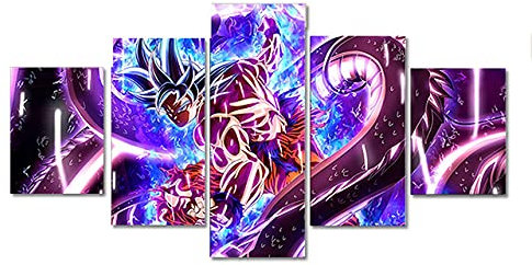 Wondbeau Leinwanddrucke Modulare Wandkunst Wandaufkleber 5 Teiliges Wandbild Druck auf Leinwand Malerei Moderne Abstrakte Poster Mit Rahmen XL/200cm×100cm Dragon Ball,Ultra Instinct Goku-Figur