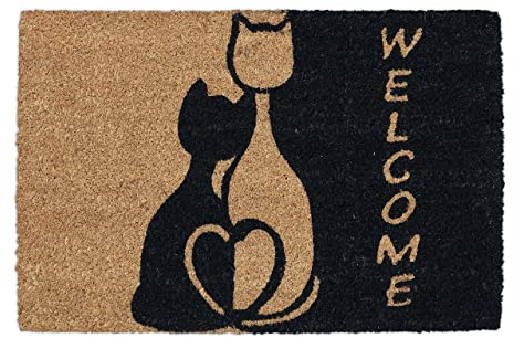 Relaxdays Fußmatte Kokos, 60 x 40 cm, mit Katzen & Spruch Welcome, gummiert, innen und außen, Türvorleger, Natur/schwarz