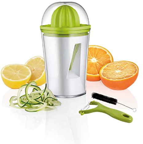 TAVIALO 4-in-1 Spiralschneider Entsafter Schäler Set mit Messbehälter - Edelstahl Klingen | Zucchini Spiralschneider Zoodles Gemüsenudeln | Zitruspresse Küchenhelfer mit Zubehör für Reinigung