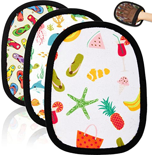 Skyley 3 Pcs Sand Off Beach Mitt Wipe Sand Remover with Portable Drawstring Bag for Ocean Volleyball Sport Activities Occasion, 3 Colors(Summer Beach)