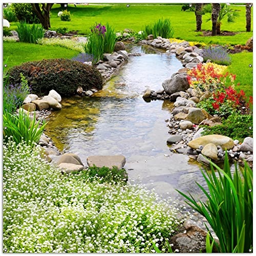 Wallario XXL Outdoor-Poster für Garten oder Balkon Blumen am Teich, Motivbanner Größe: ca. 200 x 200 cm, Outdoor-Bild