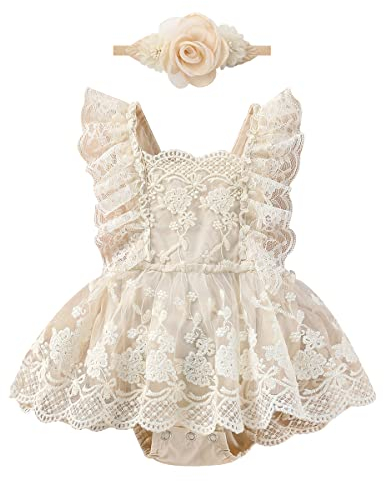 Neugeborenes Baby Mädchen Spitzen Strampler Rüschen Ärmellos Body Einteiler Prinzessin Bodysuit Tütü Tüll Kleid mit Blumen Stirnband 1. Geburtstag Outfit Taufe Fotoshooting Kostüme Aprikose 0-3 Monate