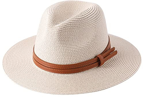 MCHDMI SYT-MD Strohhut Damen, Panama Weich geformter Strohhut Sommer Damen/Herren Breite Krempe Strand Sonnenkappe UV-Schutz Fedora Hut 56-58-59-60CM (Color : Beige01, Size : 60cm)
