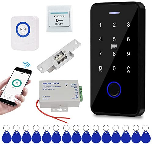 FTes RFKits Tuya Impermeable Kit de Control de Acceso,Teclado RFID Táctil, Abrepuertas Eléctrico de Bloqueo,Fuente de Alimentación 3A,Botón de Interruptor,Timbre,15pcs IC 13.56MHz Keyfobs