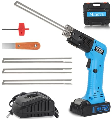 MINOVA Coltello elettrico elettrico senza fili, con 3 lame da 15,2 cm, con custodia resistente e una batteria da 18 V 2,0 Ah per EPP, EPS, XPS, EVA, EPE, PU, KT, spugna