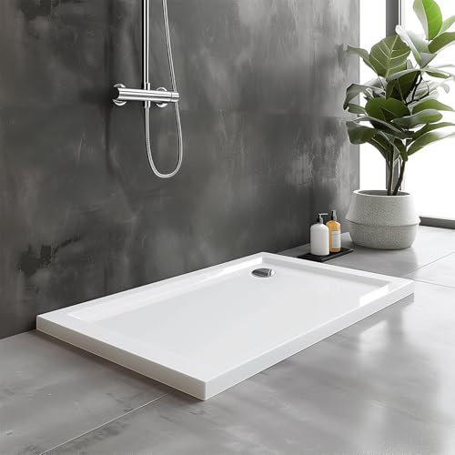 Go Bathrooms Shower Tray 1400 x 700mm White Rectangle Shower Tray 40mm Low Profile Enclosure Stone Resin Acrylic Capped Cubicle Tray