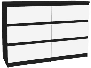 VBChome Kommode mit 6 Schubladen, Weiß-Schwarz, 120 x 39 x 81 cm, Grifflose Holz-Schubladenkommode, Moderner Mehrzweckschrank für Flur, Schlafzimmer, Wohnzimmer & Kinderzimmer, Einfache Montage
