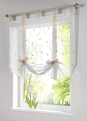 Funjxhey Vorhang Stickerei Blumen Transparent Gardine Voile Scheibengardine Raffgardinen Raffrollo Schlaufenschal Deko Wohnzimmer Schlafzimmer Studierzimmer (Beige,140 * 140CM)