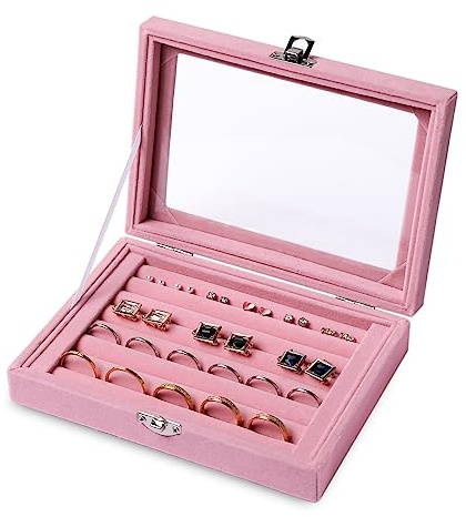 Frebeauty Samt Ringtablett mit 7 Fächern für Ringe und Schmuck | Ringaufbewahrung, Ringhalter Für Damen, Präsentationsbox Mit Samtfutter, Transparentem Deckel, Schubladeneinsatz Für Schmuck