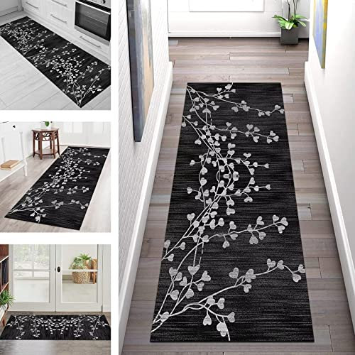 Teppich Läufer Lang Flur Küche rutschfest waschbar Teppichmatten Modern Küchenläufer 60X300CM Schwarz Dunkelgrau Teppichläufer Küchenteppich Meterware Esszimmer Schlafzimmer Wohnzimmer Türmatte