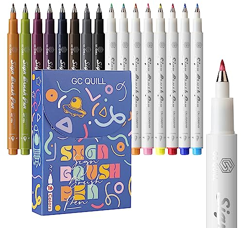 GC QUILL Fudenosuke Kalligraphie Stifte - 16 Farben Zeichen Pinsel Stifte Kalligraphie Set mit Fude Pinselspitzen- Stifte für Handlettering, Journaling, Kalligraphie, Zeichnung, Schreiben GC-SB16