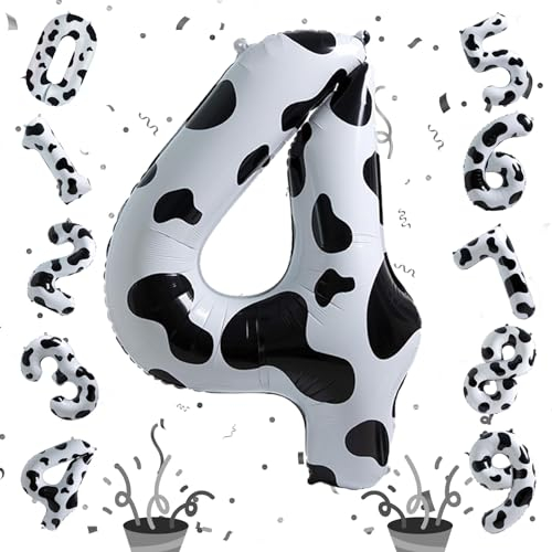 Große 4 Luftballon Deko, 40 Zoll Kuh Druck Zahl 4 Ballon Jungen Geburtstagsdeko, Helium Kuh Zahlen Folienballons für Kinder Mädchen Bauernhof Tierthema 4. Geburtstag Cowgirl Cowboy Party Deko
