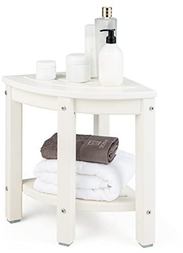Multigot 2-Tier Shower Stool, Fan-Shaped Shower Bench with Storage Shelf & Anti-Slip Foot Pads, HDPE Corner Storage Shelf for Elderly Disabled (White)