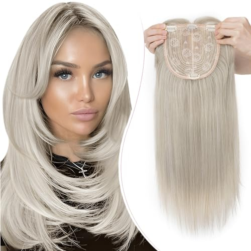 S-noilite Hair Toppers für Frauen,Toupet Toppers Haarverlängerung Haarteile Perücken mit Fransen,Haartopper Basis 15x15cm, Clip in Synthetischen Haarteile, Glatt 45cm 170g Silberblond Gemischt