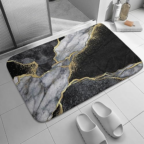 Badezimmerteppiche, schwarz, weiß, Marmor, golden, rutschfest, Badematte, waschbar, für den Innenbereich, Fußmatte, Küchenteppiche, Läufer, Teppich für Badezimmer, Zuhause, Büro, Wohnzimmer, 61 x 40